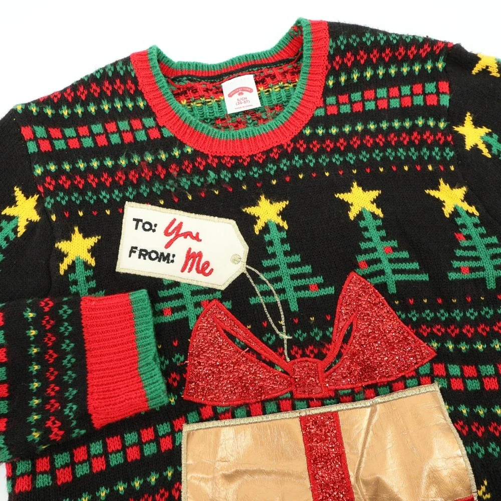 Holiday Time Womens Ugly Christmas Sweater Present Gift Black‎ Red Small